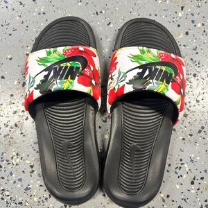 Nike Black Slides with White, Green, and Red Floral Detail